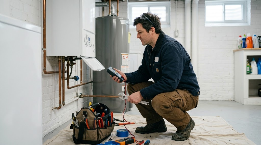 Residential boiler heating system in a Staten Island mechanical room