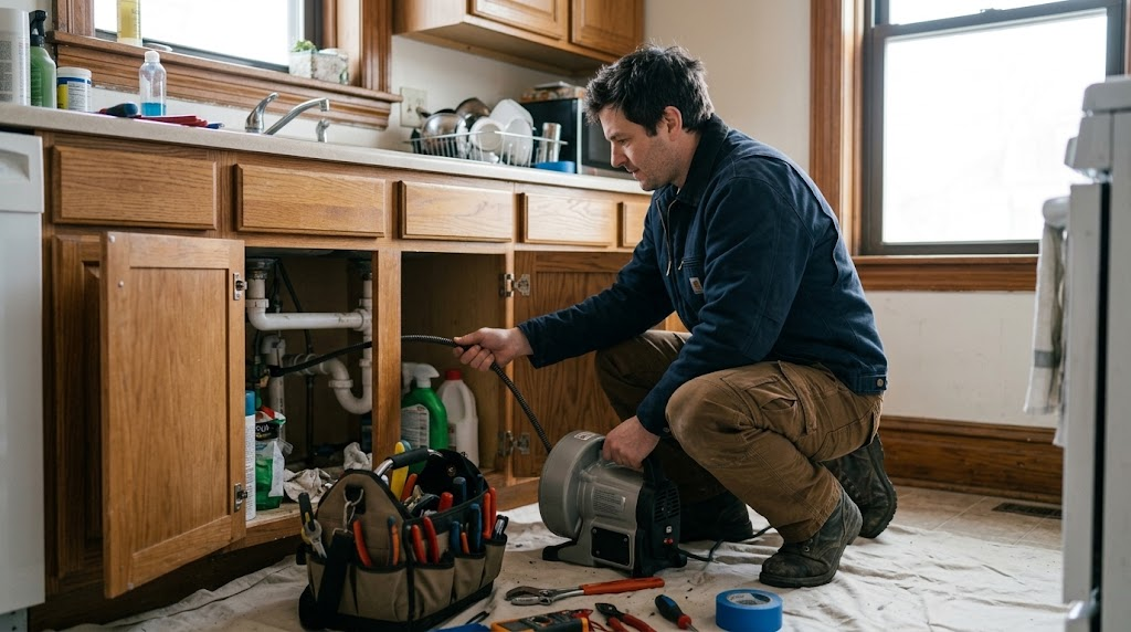 Plumbing professional operating a motorized mechanical drain snake machine on a residential waste pipe