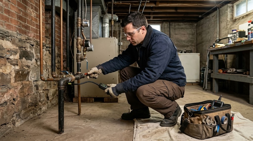 Plumber testing a natural gas pipe shutoff valve and pressure regulator gauge