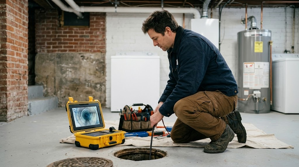 Plumber running a video camera inspection cable down a basement sewer cleanout pipe