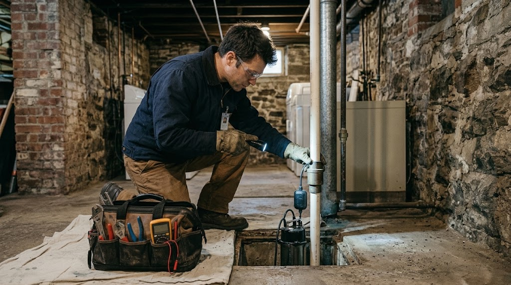 Submersible sump pump and battery backup system installed in a sealed basement basin
