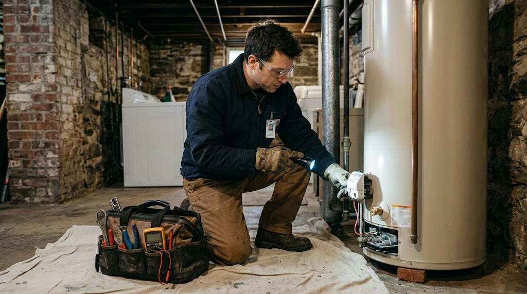 Plumbing technician testing a gas water heater control valve and relief assembly in a basement